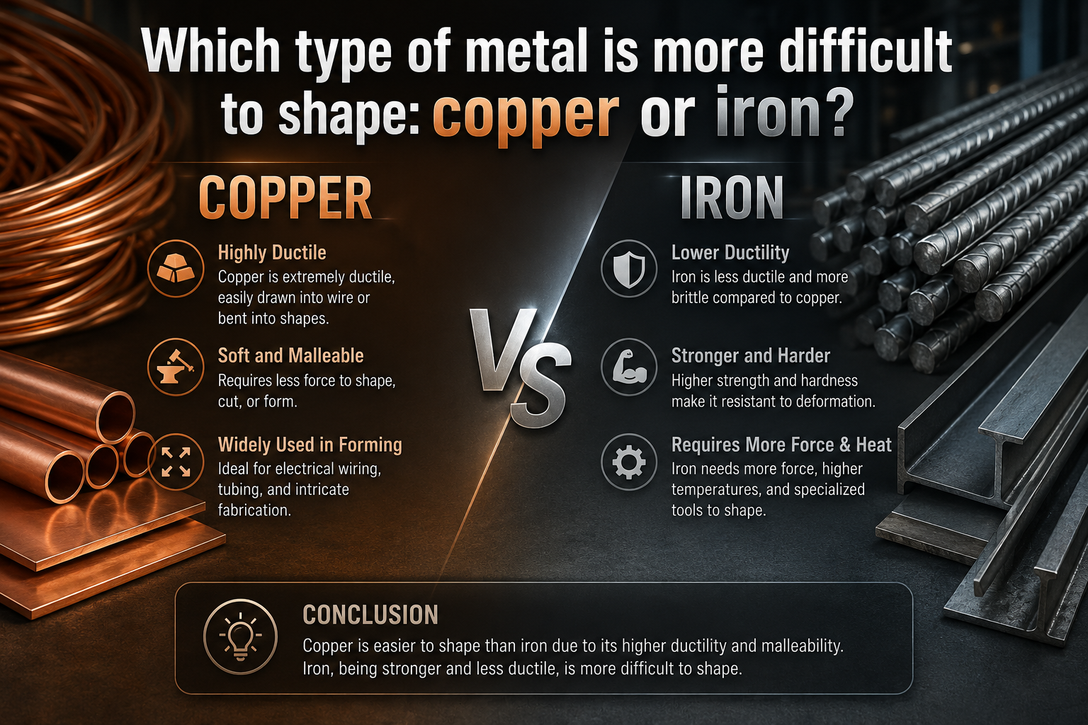 Which type of metal is more difficult to shape: copper or iron?